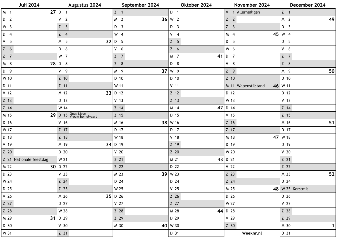 Kalender voor 2024 met weeknummers en feestdagen … nationale feestdagen