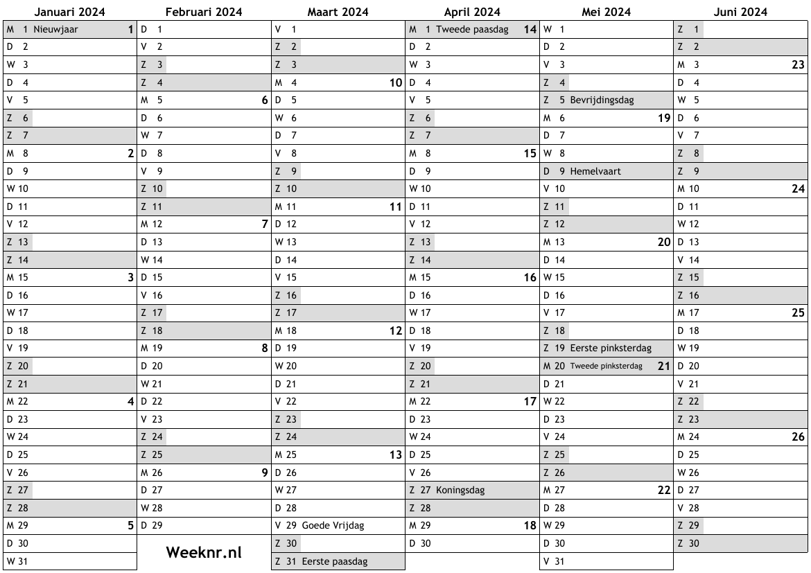 Kalender voor 2024 met weeknummers en feestdagen … nationale feestdagen