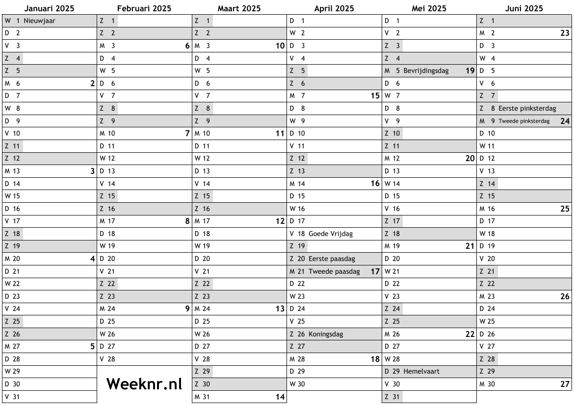 Kalender voor 2025 met weeknummers en feestdagen nationale feestdagen