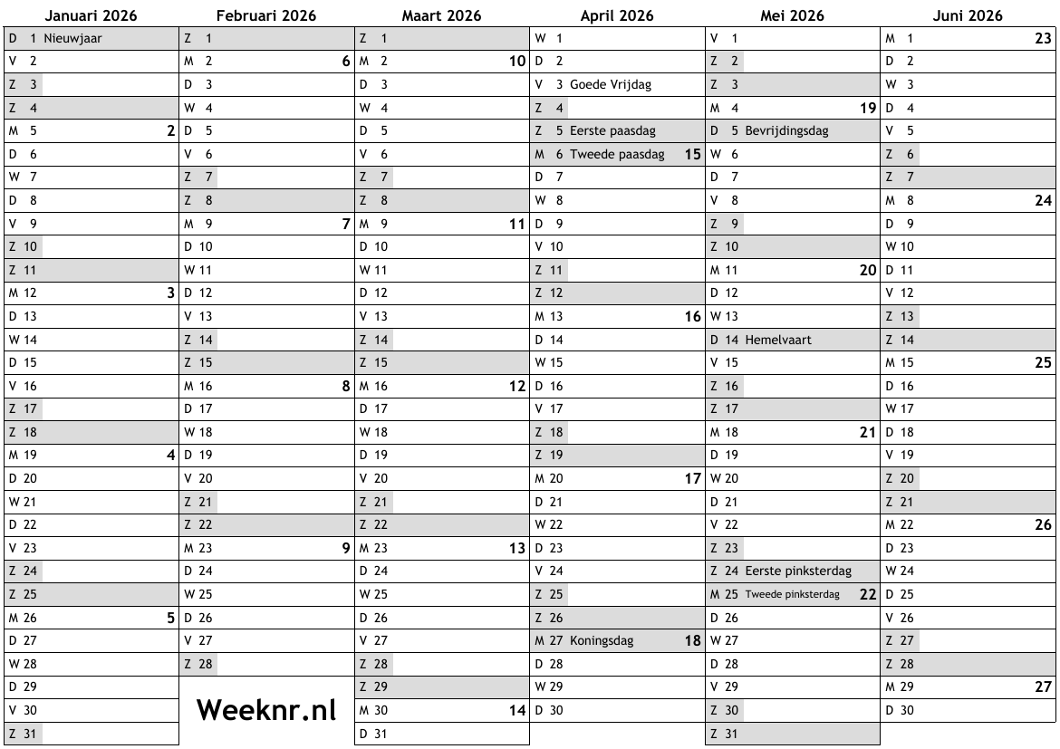 Kalender voor 2026 met weeknummers en feestdagen … nationale feestdagen